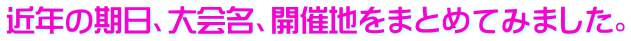 近年の期日、大会名、開催地をまとめてみました。