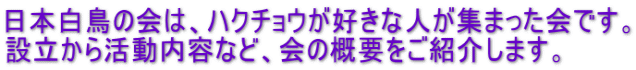 日本白鳥の会は、ハクチョウが好きな人が集まった会です。 設立から活動内容など、会の概要をご紹介します。